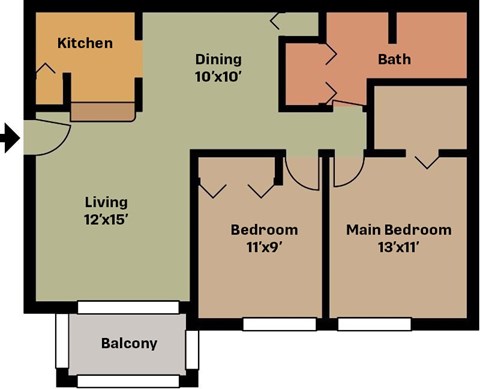 Floor plan for 2 beds, 1 bath, 990 sqft